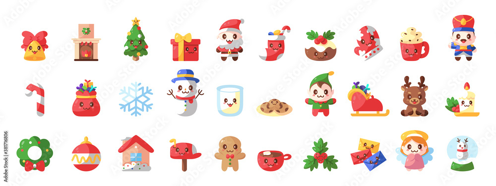 Set of christmas kawaii icons - Vector illustration