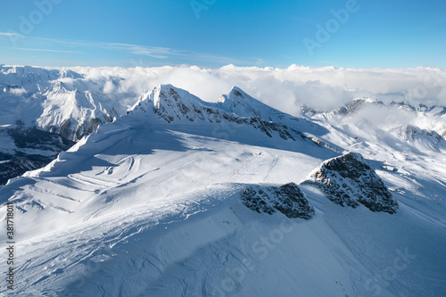 Winter view from the top of Ausrtian Alps in Kaprun ski resort, National Park Hohe Tauern, Europe, Austria 