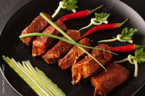 Photography Traditional chinese street food, fried pork meat, Shanghai, China