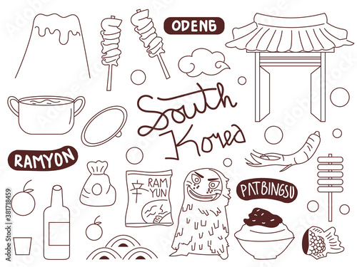 Set of doodles korea element design. Traditional culture, food, historical building. Set of doodles korea element design. Traditional culture, food, historical building. doodle set vector illustration