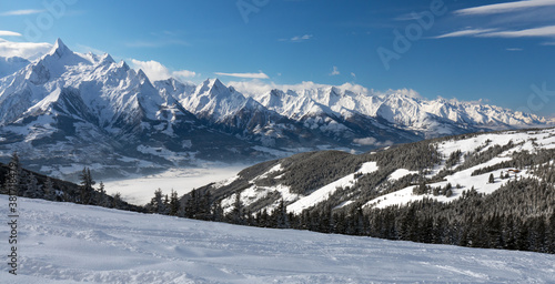 Winter view from the top of Ausrtian Alps in Kaprun ski resort, National Park Hohe Tauern, Europe, Austria 