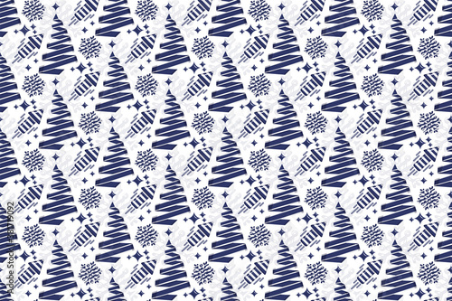 Seamless xmas pattern. Decorative background with christmas-tree, snowflakes, stars. New year banner, background or web wallpaper.  