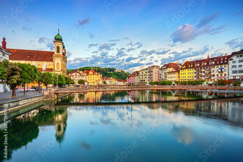 Famous city and historic city center view of Lucerne with famous Chapel Bridge and lake Lucerne (Vierwaldstattersee), Canton of Lucerne, Switzerland 