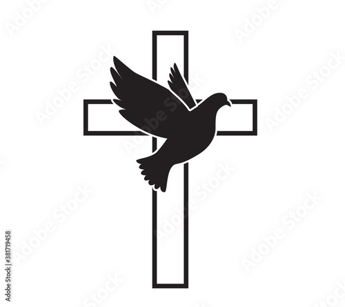 Dove flying with a Symbol of Religion. Cross. Dove Of Peace. Vector illustration. Holy Spirit
