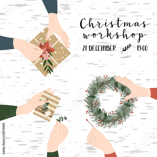 Women florists making christmas wreaths, holiday workshop. Eco decoration, flat lay. Presents in kraft paper. Rustic gift box. Xmas and New Year celebration preparation. Vector flat style