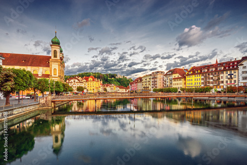 Famous city and historic city center view of Lucerne with famous Chapel Bridge and lake Lucerne (Vierwaldstattersee), Canton of Lucerne, Switzerland 