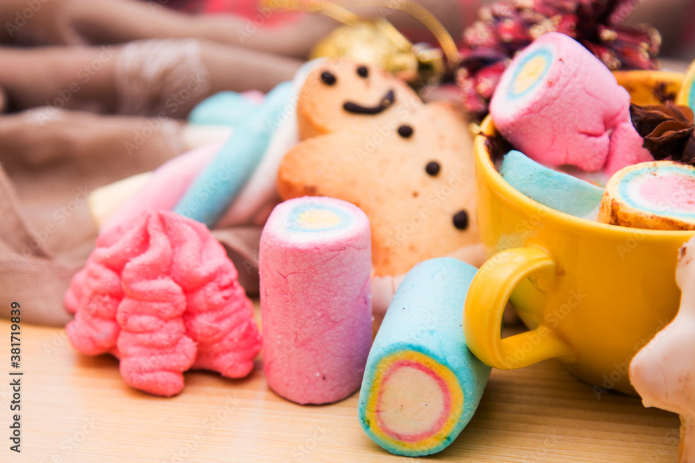 cup of chocolate with marshmallows and Christmas decorations and cookies cup of chocolate with marshmallows and Christmas decorations and cookies