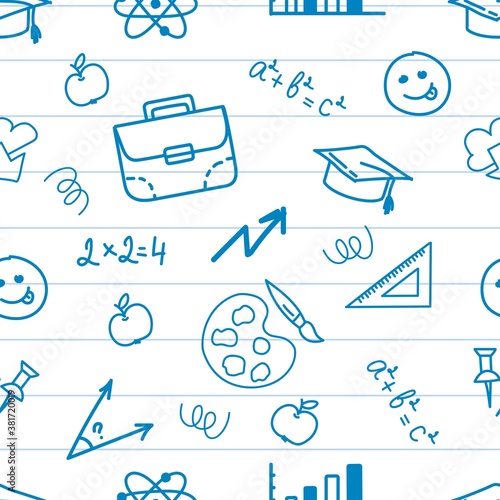 Freehand drawing school items on a sheet of exercise book. Back to School. Vector illustration. 