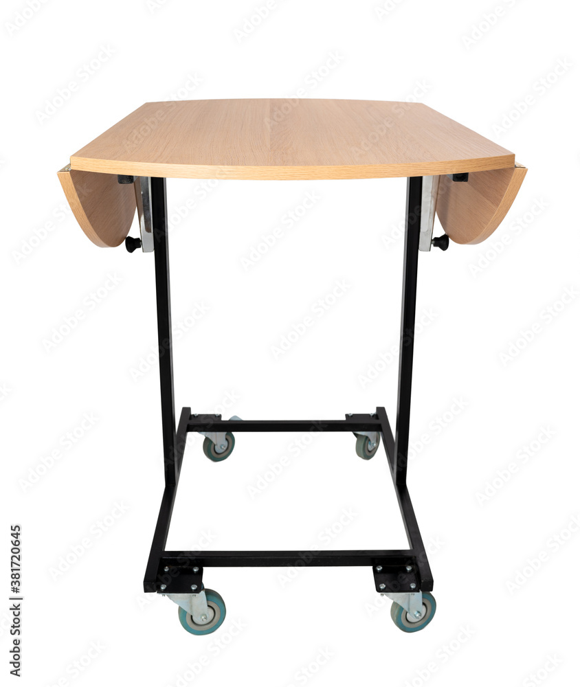 Wooden table on wheels isolated on white Wooden table on wheels isolated on white
