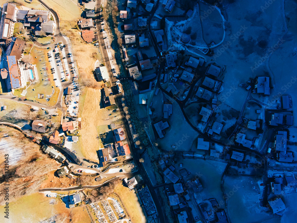 Aerial view of town in morning time Aerial view of town in morning time