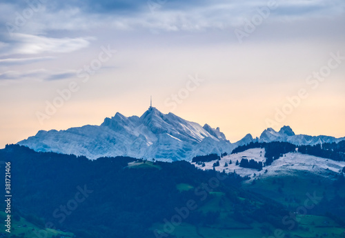 Sunrise view of the snow covered Santis peak  the highest mountain in the Alpstein massif of northeastern Switzerland