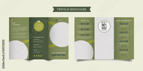 Spa business trifold brochure template. Modern, Natural and Professional tri fold brochure vector design. Simple and minimalist promotion layout.