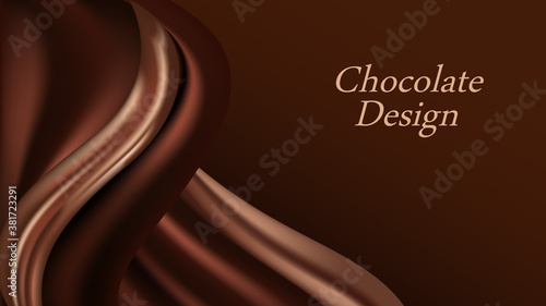 Chocolate wave background. Dark brown creamy chocolate, shiny silk  texture. Smooth color flow effect. Abstract vector background for elegant modern poster or banner.