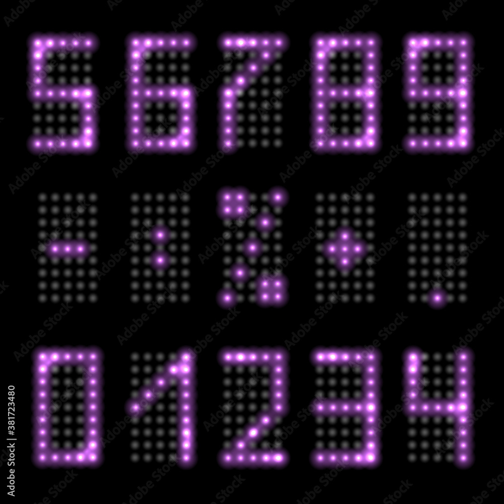 LED light digits with purple neon glowing. Set of luminous numbers with realistic fluorescent shine effect for digital clock or timer design. Isolated on black background, vector illustration LED light digits with purple neon glowing. Set of luminous numbers with realistic fluorescent shine effect for digital clock or timer design. Isolated on black background, vector illustration