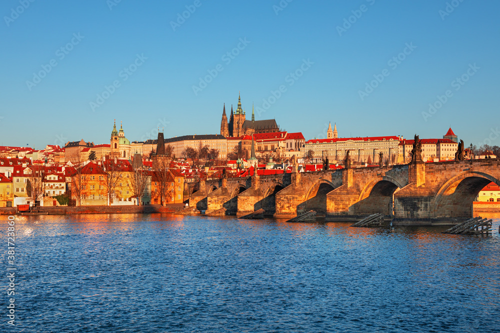 Prague  city - amazing view on old town, Charles bridge and Vltava river, Czech Republic  