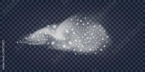 Snow wind swirl with glitter sparkles. Silver snow mist, blizzard snowflakes, tornado whirlwind.Christmas winter element isolated on transparent background, abstract vector illustration