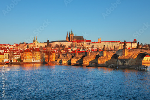 Prague city - amazing view on old town, Charles bridge and Vltava river, Czech Republic 