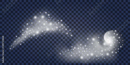 Snow and wind swirls with glitter sparkles and flakes. Silver snow whirlwind, winter mist and fog. Christmas decorative elements isolated on transparent background. Vector illustration