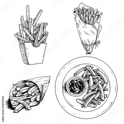 French fries set. Hand drawn sketch style illustrations of street fast food. French fries in paper box, in craft paper cone and on plate, top view. Best for packages and restaurant menu. 