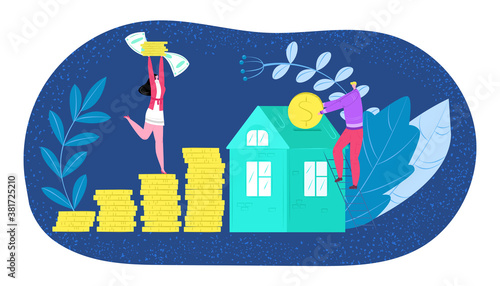 Buying house, new home investment or housing payment vector illustration. Buying new house young family with housing and gold coins. Rent or buy residental property, appartment, mortgage, loan.