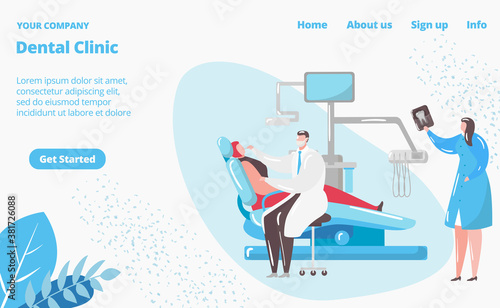 Dental care clinic, dentistry website, landing page vector illustration. Dentist caring for patients toth in his office, teeth treatment hospital. Medical oral healthcare web site template.