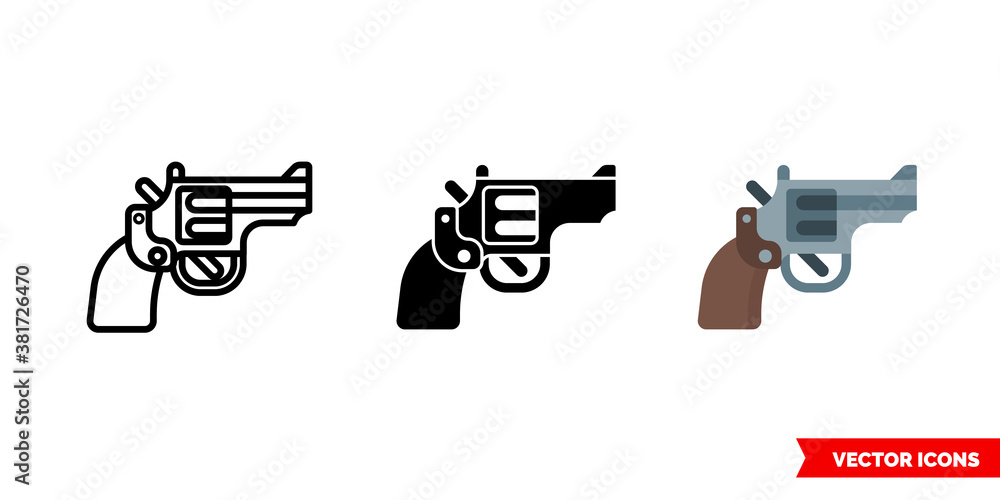 Revolver gun icon of 3 types color, black and white, outline. Isolated vector sign symbol.