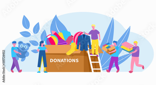 People volunteer with box of clothing donation, charity, social help in community vector illustration. Volunteering, assistance and support to poor and unemployed. People donate things.