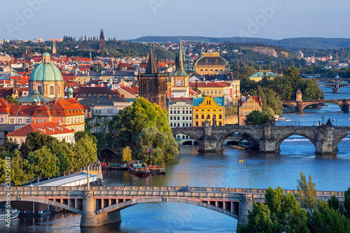 Prague - amazing view on old town, Charles bridge and Vltava river, Czech Republic 