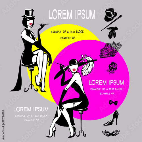 Vector drawing for poster, banner. Graceful beautiful girls in evening dresses. Cabaret, musical hall, show, party. With space for text