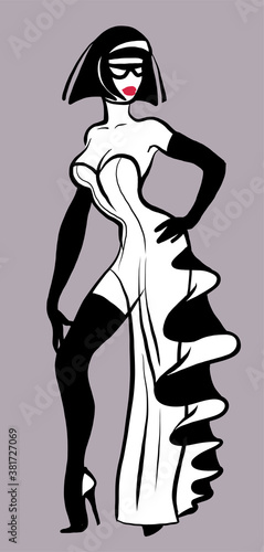 Vector cartoon. Graceful beautiful girl in an evening dress. Cabaret, show, music hall, party. Isolated. Black and white graphics.