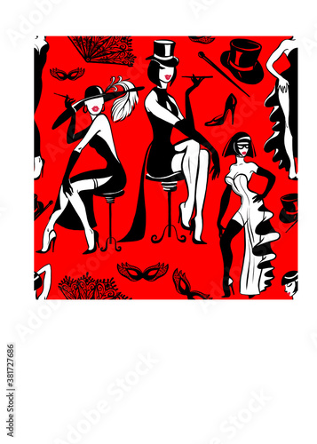 Vector drawing on a red background. Fashionable seamless pattern with graceful women in evening dresses. Retro style.