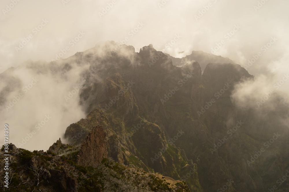 The misty and dramatic mountain landscape on Madeira Island in Portugal