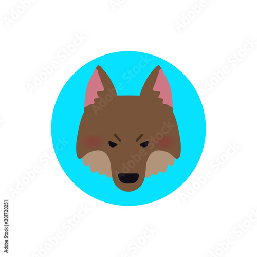 vector icon of a frowned brown wolf or dog head on a blue background, a sticker with the image of a husky, shepherd, eps 10