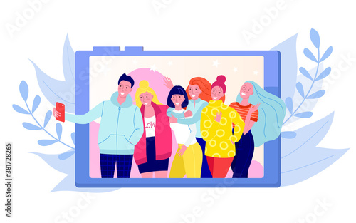Friends making photo, selfie foto shot of group of young happy people vector illustration. Girls and boys posing taking photos with mobile smart phone device or camera. Party photography.
