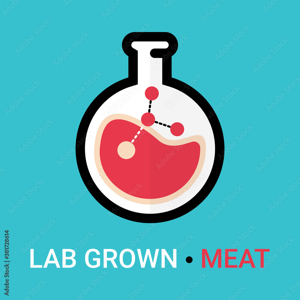 Lab grown meat icon concept. Artificial, synthetic meat is cultured and cultivated in chemistry lab glassware. Modern nourishment and alimentation based on science. Vector logotype element isolated Lab grown meat icon concept. Artificial, synthetic meat is cultured and cultivated in chemistry lab glassware. Modern nourishment and alimentation based on science. Vector logotype element isolated