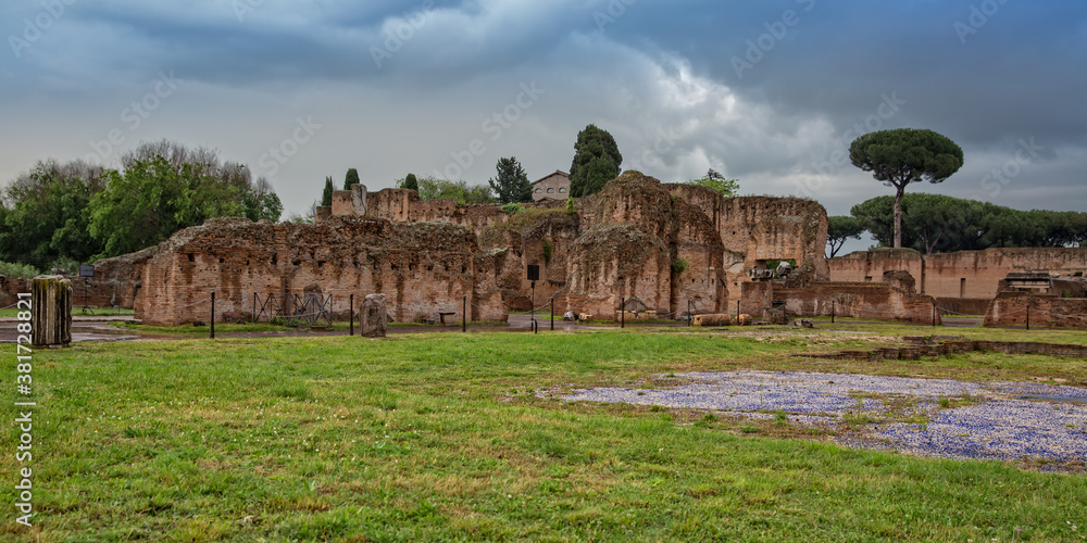Ancient Roman ruins on the Palatine hill in Rome. The Palatine Hill is full of fascinating archaeological ruins and the wild flowers grow among the ruins, Rome, Italy