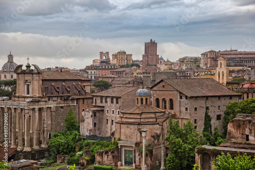 Panoramic view from Palatine Hill to city of Rome. View from the Palatine Hill over the ancient ruins of the Roman Forum, Rome, Italy