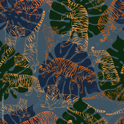 Seamless vector pattern colourful abstract design of tropical leaves and tigers