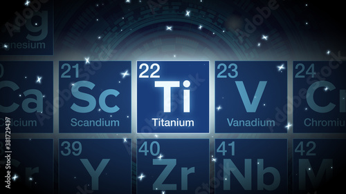 Close up of the Titanium symbol in the periodic table, tech space environment.	