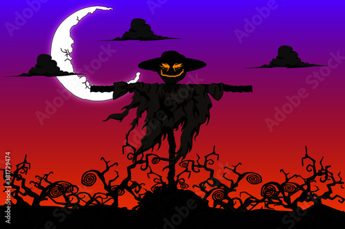 scary halloween scarecrow in moon light