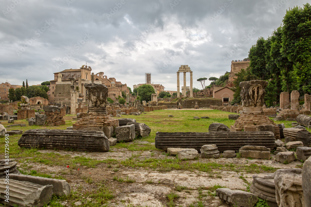 Ruins of the Roman Forum: the temple of Castor and Pollux and the Church of Santa Maria Antiqua. The Temple of Castor and Pollux is an ancient temple in the Roman Forum, Rome, Italy