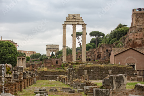Three standing columns from the ruins of the Temple of Castor and Pollux. The Temple of Castor and Pollux is an ancient temple in the Roman Forum, Rome, Italy