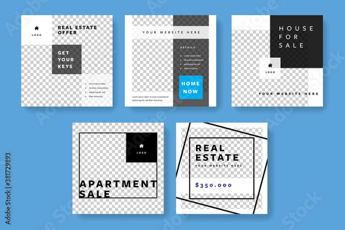 Set of social media templates for real estate agency. Square banners for house selling company