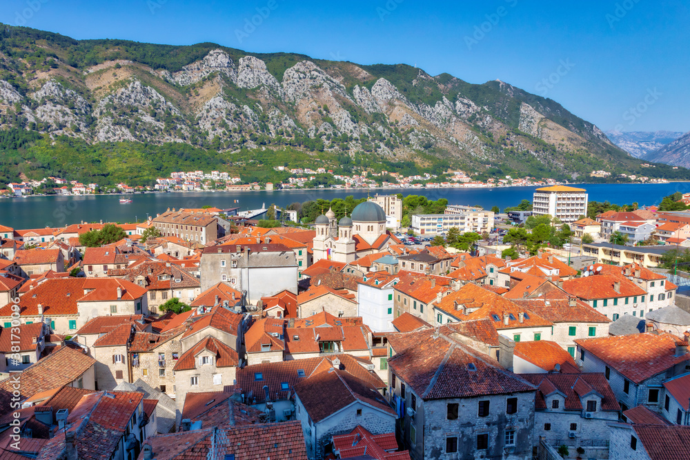 Old historic town of Kotor, Montenegro. Aerial view of streets and roofs.