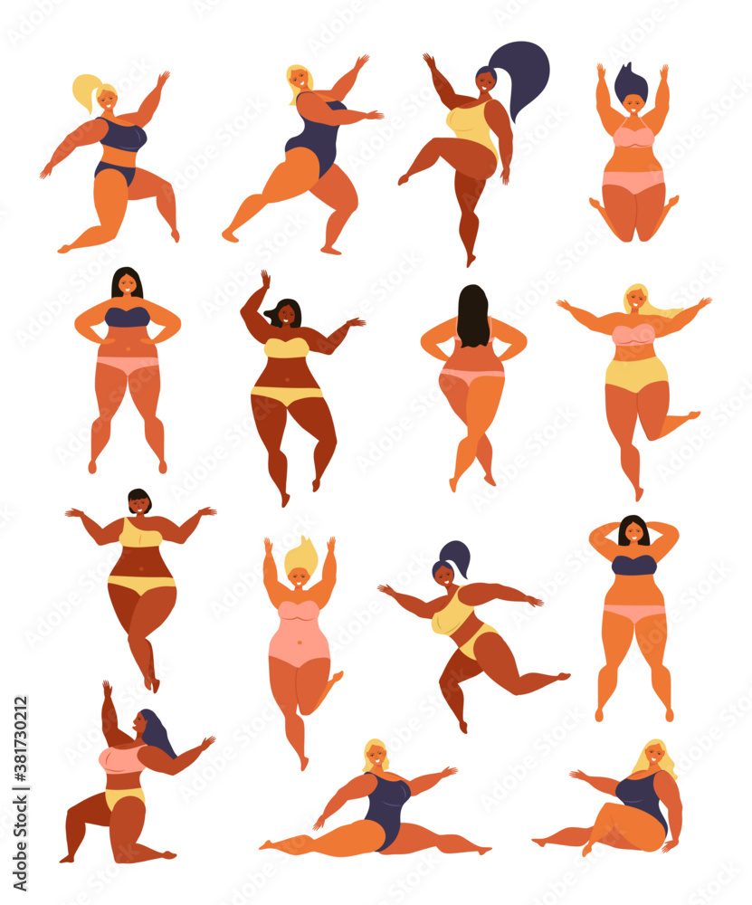 Fat girls set vector. Woman of diverse races are smiling, dancing 