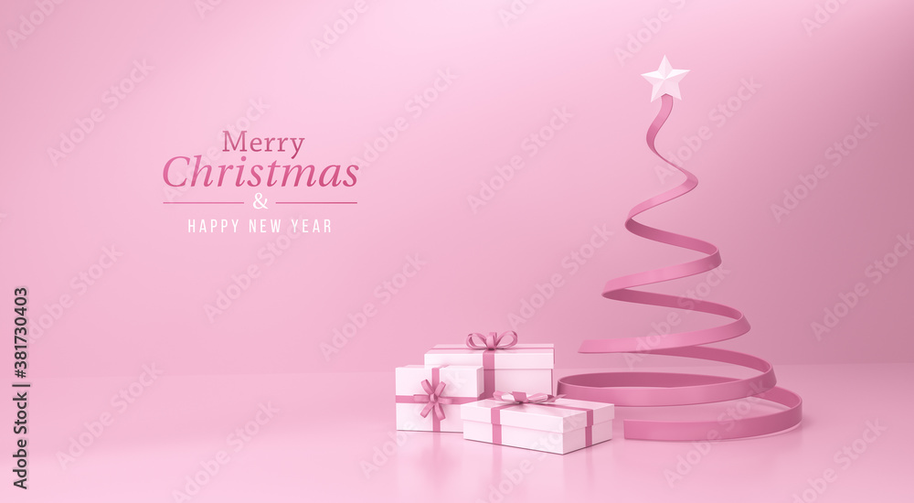Gift box and christmas tree with a star at the top on pink background.