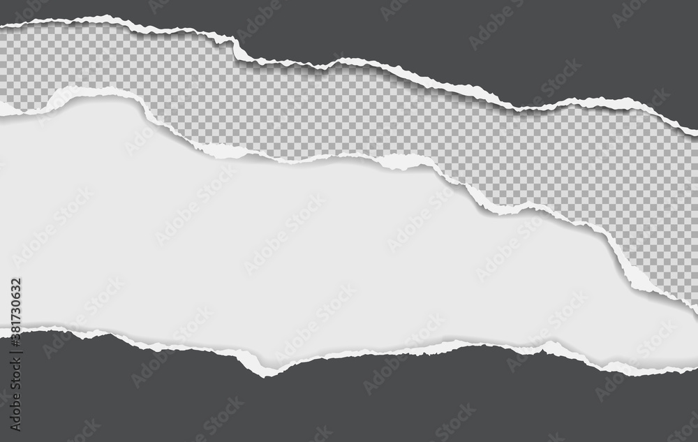 Pieces of torn, ripped black, and squared grey paper with soft shadow are on white background for text. Vector illustration
