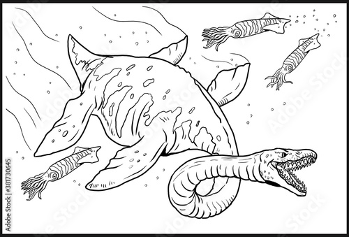 Aquatic prehistoric reptile - Plesiosaurus. Aquatic dinosaur. Coloring page. photo