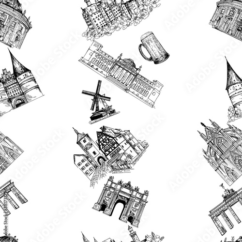 Seamless pattern of hand drawn sketch style German landmarks isolated on white background. Vector illustration.
