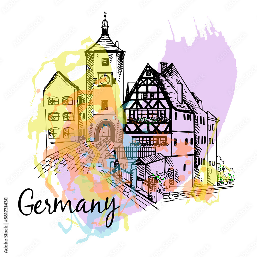 Naklejka premium Poster card composition of German city scape isolated on white background. Vector illustration.